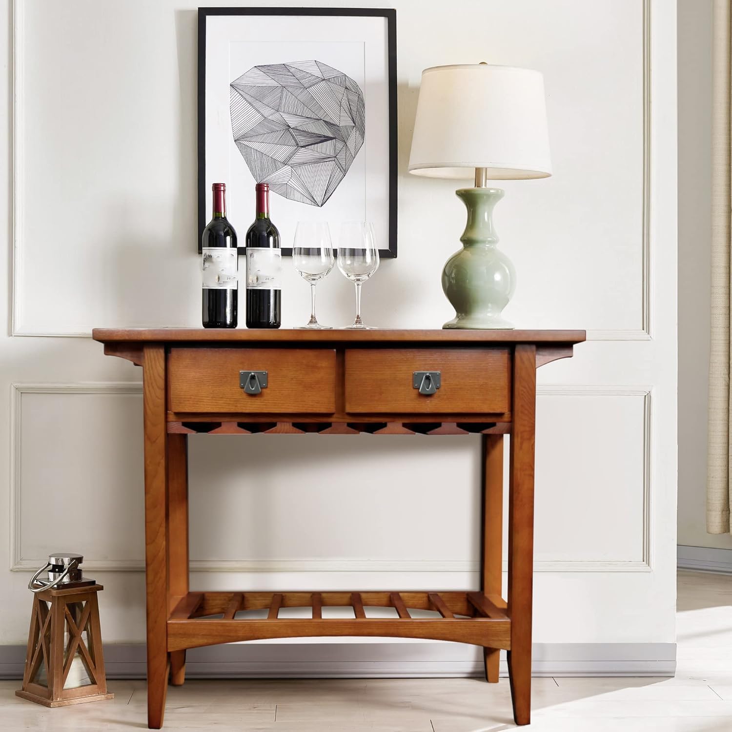 Mission Wine Stand with Glass and Bottle Storage, Two Drawer, for Buffet, Dining, Living Room, Kitchen, Wine Stand and Bar Table, holds 12 glasses and 7 bottles (more when stacked) - Image 2