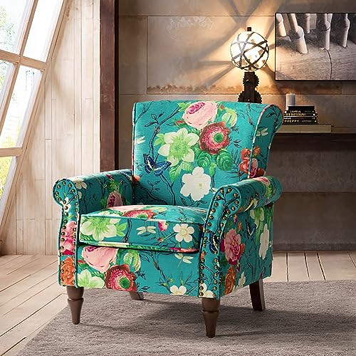 HULALA HOME Modern Wingback Accent Chair with Wood Legs & Removable Cushion, Comfy Upholstered Armchair with Nailhead Trim, Floral Pattern Single Sofa Chair for Living Room Bedroom, Blue - Image 5
